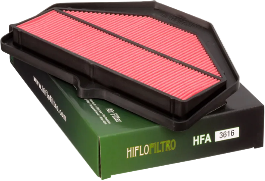 HIFLOFILTRO air filter with red pleated material on a white background